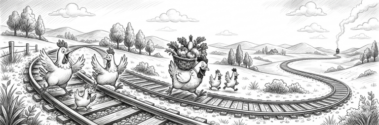 Off The Rails banner with happy chickens and vegetables