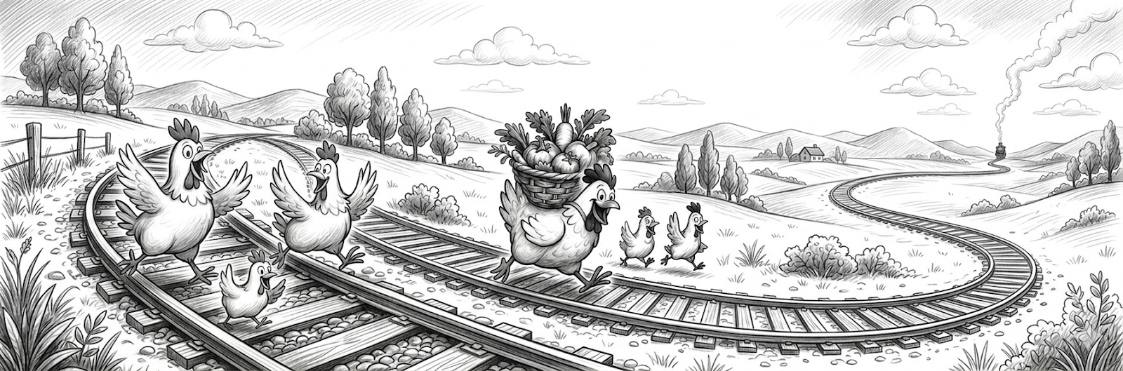 Off The Rails banner with happy chickens and vegetables