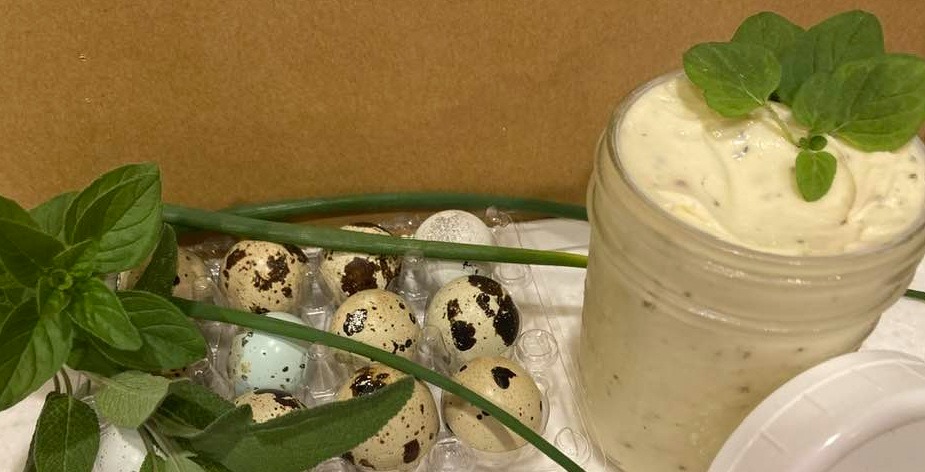 quail eggs, oil, and herbs to make mayo